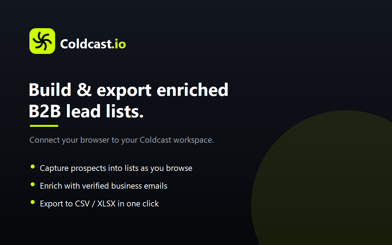 Coldcast app exporting enriched LinkedIn Sales Navigator leads to CSV and XLSX with verified business emails